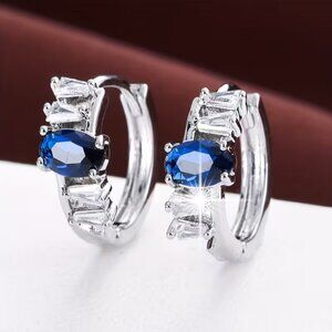 925 Silver Womens 1ct Diamond 2ct Blue Sapphire Gemstone Small Hoop Earrings NEW